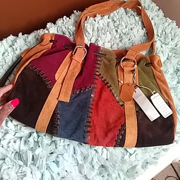 ❤Nwt Amazing 100% Leather & Suede Colorblock bag - Picture 2 of 7